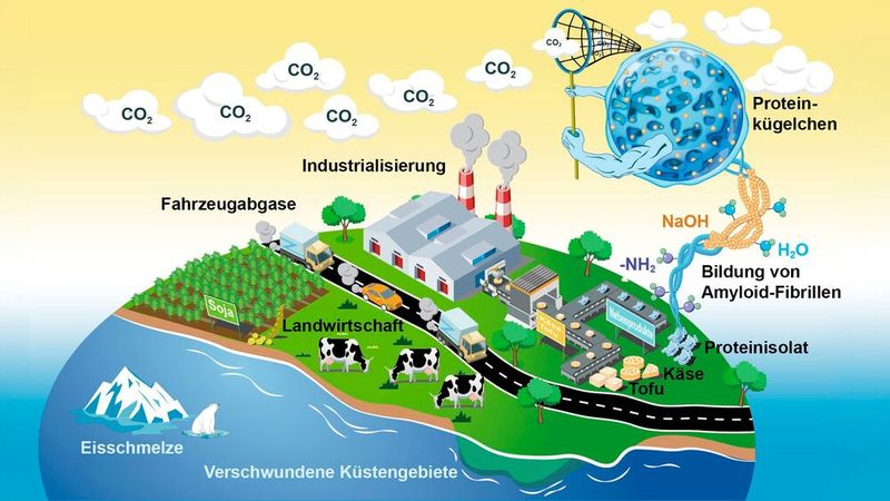 Das neue Direct-Air-Capture-Verfahren: Lebensmittelabfälle aus der Käse- und Tofuproduktion werden zu kleinen Kügelchen verarbeitet, die CO2 auffangen können.  (Bild: Professur Raffaele Mezzenga / ETH Zürich)