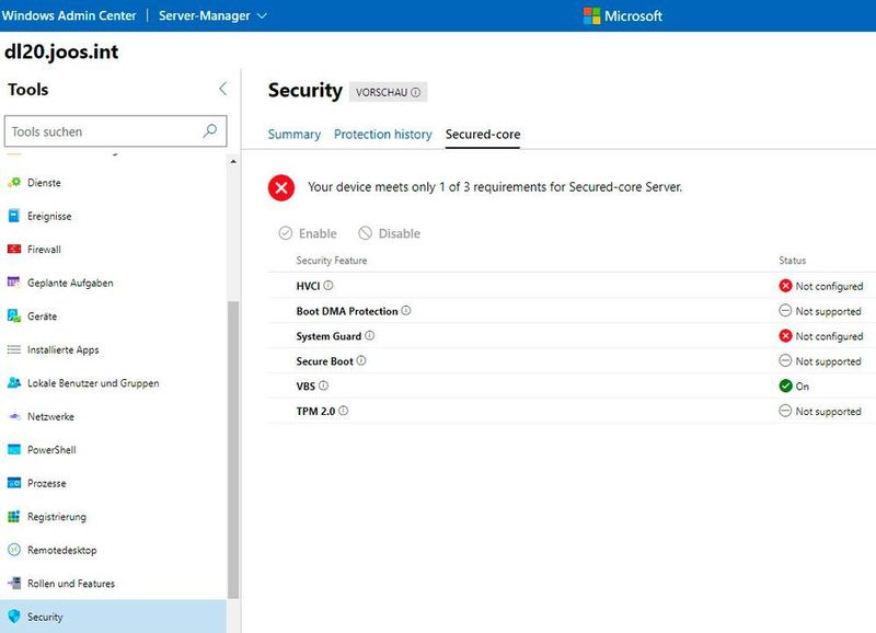 Überprüfen der Funktionen von Secured Core auf einem Server. (Joos)