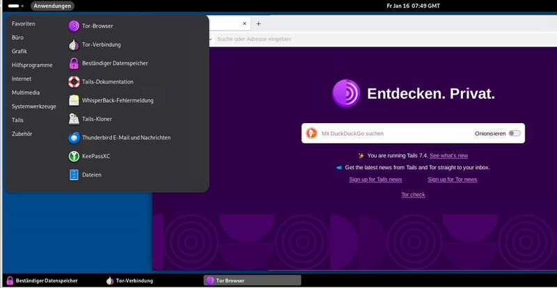 In der Weboberfläche von Tails stehen zahlreiche Tools und Programme für das sichere Arbeiten zur Verfügung. (Bild: Joos)