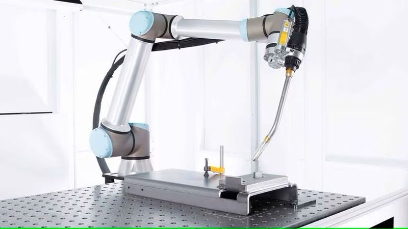 Bei der Truarc Weld 1000 arbeitet auch dieser 6-Achs-Cobot mit, damit das Schweißen noch produktiver ablaufen kann. Es handelt sich um einen UR10e plus Kraft-Momenten-Sensor. Die Linearachse positioniert den Roboter übrigens je nach Bedarf links oder rechts. (Bild: Trumpf)