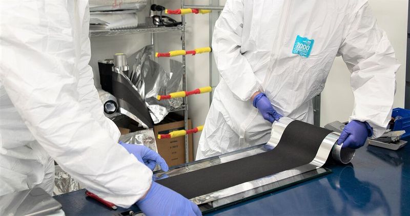 Experten von Nanoramic entrollen eine auf Nanocarbon basierende Neocarbonix-Batterieelektrode. Ihre Herstellung ist sehr günstig und kommt ohne Lösungsmittel aus, heißt es. (Nanoramics / Fastcap Systems Corp.)