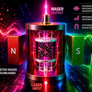 Der Maser wird salonreif! Denn Würzburger Wissenschaftlern ist es gelungen, einen Maser zu entwickeln, der aus gut verfügbarem Halbleitermaterial besteht und ohne aufwendige Kühlung auskommt ... (Bild: A. Gottscholl u. A. Sperlich / Universität Würzburg)