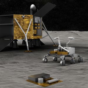 Darstellung einer potentiellen lunaren Infrastruktur, d.h. ein Zusammenwirken mehrerer wissenschaftlicher Geräte auf dem Mond. 