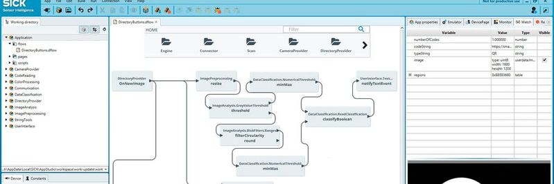 Entwickeln ohne Programmieren im AppSpace: Ein Dataflow, zusammengesetzt aus Funktionsblöcken(Bild:  Sick)