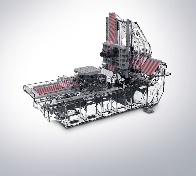 Die CAD-Zeichnung zeigt das unverkleidete Bearbeitungszentrum DMC 60 H linear mit den farblich gekennzeichneten Linearantrieben.     (DMG Mori)