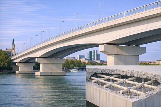 Alternative zur Stahlarmierung: Pultrudierte Armierungen halten Streusalz dauerhaft stand.(Bild:  Fraunhofer IWU/KI-generiert)