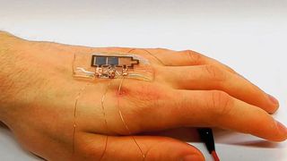 Das bioabbaubare Display kann aufgrund seiner Anpassungsfähigkeit und Adhäsion direkt auf der Hand getragen werden. (Bild: Manuel Pietsch, KIT)