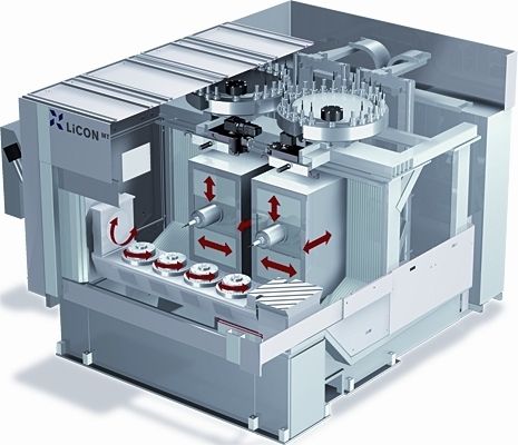 Die Liflex II ist ein doppelspindliges Bearbeitungszentrum in Fahrständerversion. Alle drei Achsen der beiden Hauptspindeln sind bei der Werkzeugmaschine unabhängig voneinander verfahrbar. Bild: Licon (Archiv: Vogel Business Media)