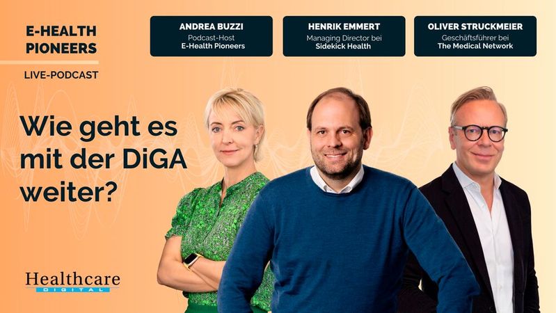 In der ersten Live-Folge des Podcast E-Health-Pioneers diskutierten Gastgeberin Andrea Buzzi und Co-Host Oliver Struckmeier mit Henrik Emmert über den Status quo bei den Digitalen Gesundheitsanwendungen.(Bild: ©  The Medical Network)