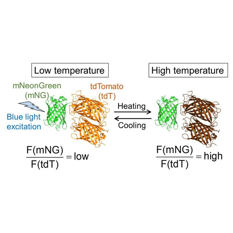 Molecular design of B-gTEMP and the expected fluorescence response to temperature. F(mNG) and F(tdT) are fluorescence intensity of mNeonGreen and tdTomato, respectively.