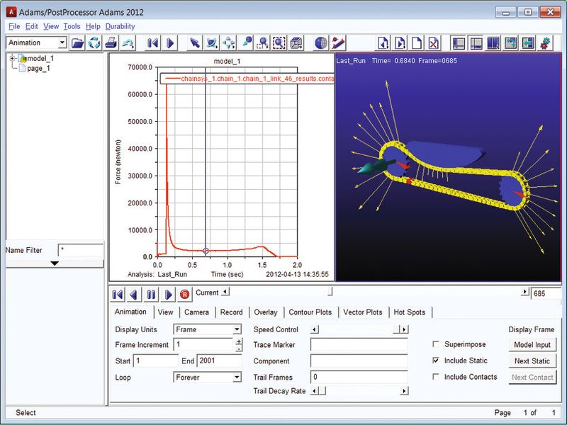 Das Chain-Modul modelliert und wertet die Dynamik sowohl für Walzen als auch für Evolventen (leise Kettenarten) aus. (Bild: MSC Software)