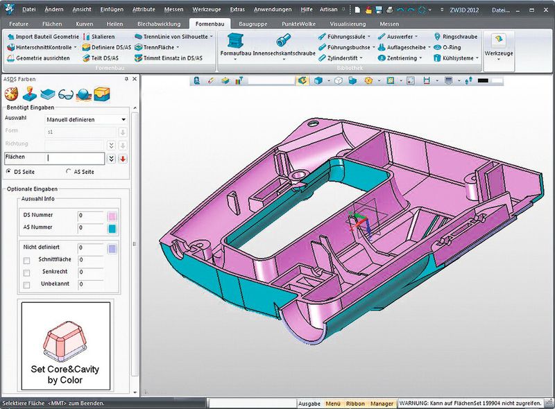 Das Formenbau-Modul in ZW3D teilt Kunststoffteile automatisch auf die Formhälften auf. Manuelle Eingaben sind möglich. (Bild: Encee CAD/CAM Systeme)
