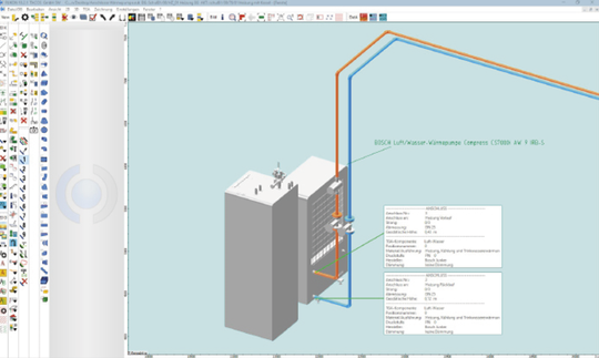 (Bild 3: Heizkreis-Anschluss der Luft-Wasser-Wärmepumpe WLW196i im CAD-Programm RUKON. Bild: Hottgenroth & Tacos)