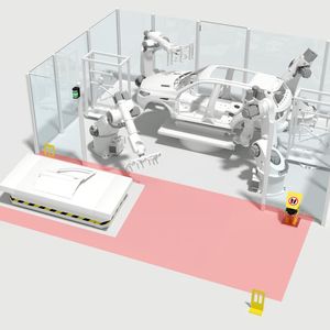 Beispielgrafik Safety-Lösung in der Automobilproduktion. Die Maschinenverordnung (MVO) legt fest, wie Maschinen künftig gebaut und auf den Markt gebracht werden müssen. Neu sind Anforderungen etwa zu Cyber Security und einer klaren Regelung für wesentliche Veränderungen. (Bild:  Leuze)