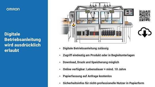Digitale Betriebsanleitung: Im B2B-Bereich ist der Verzicht auf Papier erlaubt, sofern der Zugriff (z. B. via QR-Code) über die gesamte Lebensdauer sichergestellt ist.(Bild:  Omron)