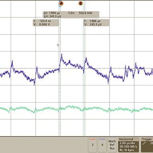 Bild 2: Ausgangsspannungs-Welligkeit des TPS56121 mit bzw. ohne zweite Filterstufe. (Bild:  Texas Instruments)