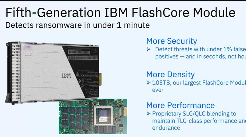 Die drei neuen FlashCore-Module sind mit KI-Software ausgestattet. Ein FCM soll 105 TB Speicherkapazität bereitstellen, weniger als die Pendants von Pure und Solidigm. (Bild: IBM)