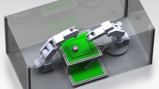 Echtzeitsteuerung für ortsflexible Roboter: Während der Bewegung des Roboterarms kann der Roboter auf seine Umgebung reagieren und seine Bewegungsbahn ändern.  Bild: Mitsubishi (Archiv: Vogel Business Media)