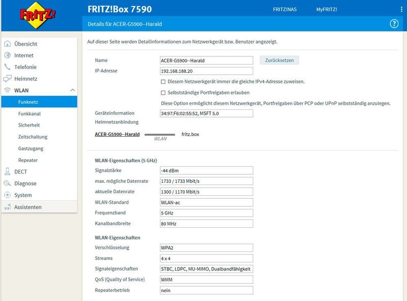 Will man die schnellst-möglichen Netto-Datenraten im Test erzielen, dann sollten auch die von der Fritz!Box 7590 gemeldeten Brutto-Datenraten beim Testbeginn auf 1733 Mbps stehen. (Karcher / AVM)