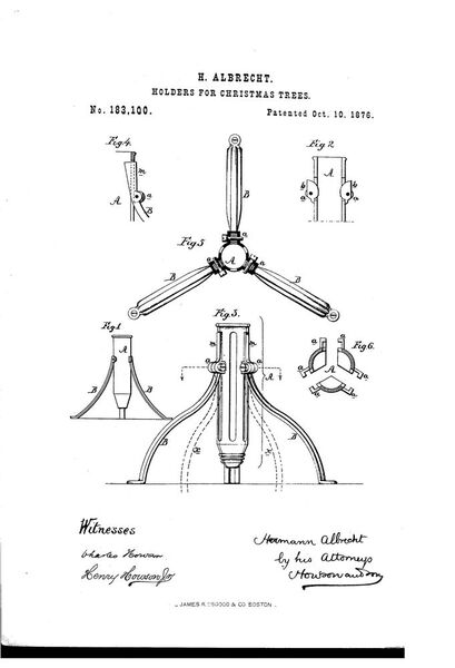 Schon 1876 reichte Hermann Albrecht aus Philadelphia ein Patent für einen Christbaumständer ein: „Die Aufgabe meiner Erfindung ist es, eine billige Stütze zu konstruieren, die den Stiel eines Weihnachtsbaums oder eines ähnlichen Objekts stabil hält.“ (Bild: Gefunden auf: Espacenet)