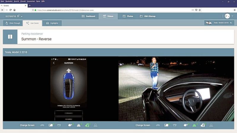 Das Tesla Model 3 kann über das Handy vorwärts und rückwärts fahren. Das Bild zeigt einen Ausschnitt der Datenbank „Screens“. (Deutsche Automotive Software)