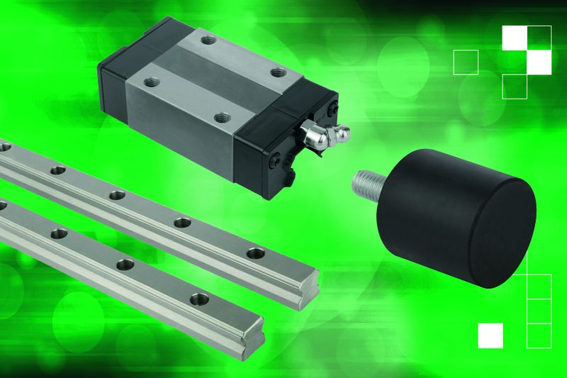 Der Norelem Führungswagen mit Kugelumlaufführung wird auf eine Profilführungsschiene montiert und kann Belastungen aus allen Richtungen aufnehmen, während der Gummipuffer Stöße und Vibrationen dämpft. (Bild:  Norelem)