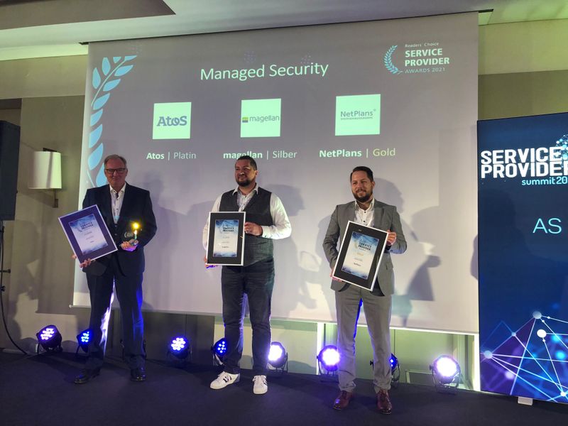 Als Top-Managed-Security-Anbieter wurden (v.l.) Atos mit Platin, magellan mit Silber und NetPlans mit Gold ausgezeichnet. ()