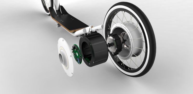 Motor und Batterie befinden sich im Gehäuse im hinteren Reifen. (Foto: Flykly)