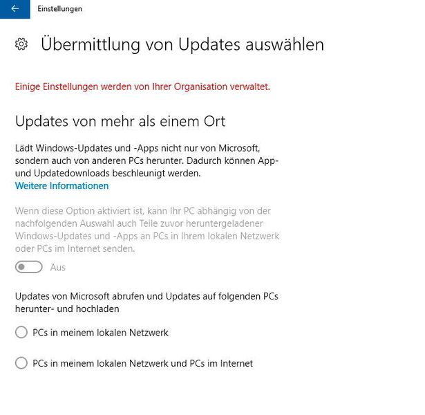 Wie bei den Vorgängern von Windows 10, blendet Windows einen Hinweis in den Einstellungen ein, wenn bestimmte Konfigurationen durch Gruppenrichtlinien gesteuert sind. Die jeweilige Einstellung wird dann ausgegraut. (Joos)