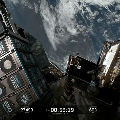 At the top left, CuBy-5 is being deployed from the container attached to the rocket. (Source: Oliver Ruf S4 GmbH  Würzburg, credits: SpaceX videostream)