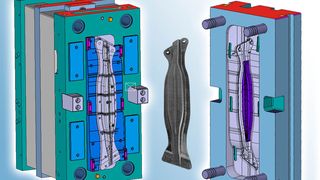 Werkzeugtechnik GK LIP fibre: Stempel- und Matrizenseite des Umform-Spritzgiess-Werkzeugs zum Herstellen eines Pkw-Seitenaufprallschutzes aus gewebeverstärktem Kunststoffhalbzeug mit aufgespritzten Versteifungsrippen  (Bild: Georg Kaufmann Formenbau)