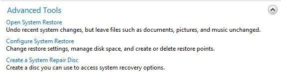 Über „Advanced Tools“ starten Sie die Konfiguration der Systemwiederherstellungspunkte in Windows 8. „Open System Restore“ zeigt verfügbare Wiederherstellungspunkte an, die Sie zurücksetzen können. Diese Oberfläche starten Sie auch durch Eingabe von „rstrui“ im Suchfeld des Startmenüs. Wählen Sie den Systemwiederherstellunkt aus, den Sie wiederherstellen wollen und lassen Sie diesen auf der letzten Seite über „Finish“ wiederherstellen. (Archiv: Vogel Business Media)