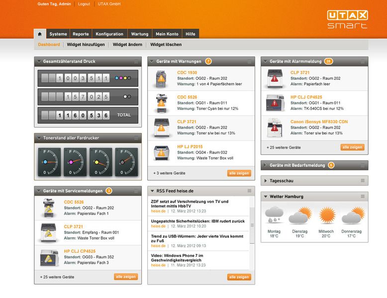 Über das Utax smart Dashboard erfolgt die Navigation zu einzelnen Bereichen der Software. (Archiv: Vogel Business Media)