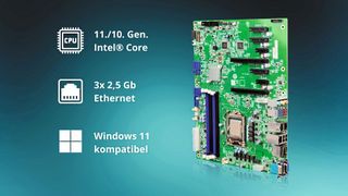Das ATX-Mainboard IMBA-Q471: in seinen LGA1200-Sockel kann eine Intel-CPU der 11./10. Generation gesteckt werden – von Celeron über Pentium bis zu Core i3/i5/i7/i9.   (Bild: compmall)