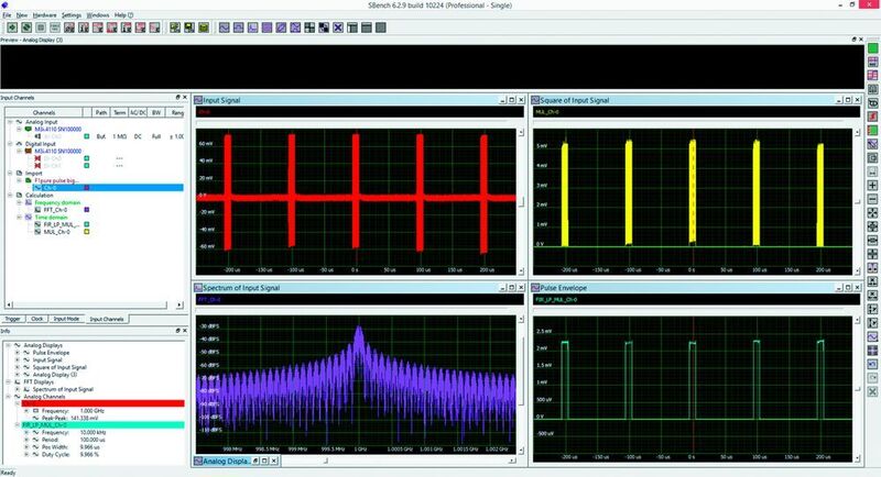 Bild 2: Beispiel einfacher HF-Messungen und der Analyse mit der Software „SBench 6“. Gemessen werden Frequenz, Amplitude, Impulswiederholungsrate (Frequenz), Periode, Tastverhältnis und Breite des aufgezeichneten Signals. (Bild: Spectrum Systementwicklung)