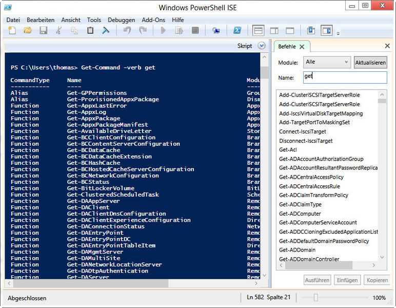 Interessant für Windows 8 und Windows Server 2012 sind Get-Abfragen um sich Informationen zum aktuellen System anzeigen zu lassen. Beispiel dafür ist Get-Eventlog -list um sich eine Liste der Ereignisanzeigen anzeigen zu lassen. Alle Get-CMDlets lassen sich Administratoren mit Get-Command -verb get anzeigen. (Archiv: Vogel Business Media)