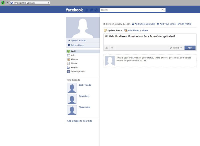 Scrambls auf Facebook: Einfach die Nachricht in das Status-Textfeld eingeben. Über das Webbrowser-Plug-in wird wiederum die Gruppe ausgewählt, welche die Nachricht lesen darf. (Archiv: Vogel Business Media)