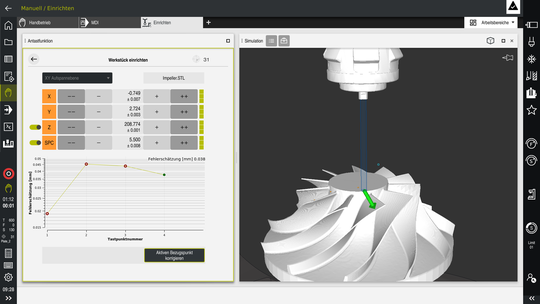 (Das neue grafische 6D-Einrichten von Werkstücken der TNC7 unterstützt den Anwender beim Antasten beliebiger Werkstücke und ergänzt perfekt das grafische Einrichten der Spannmittel. Quelle: Heidenhain)
