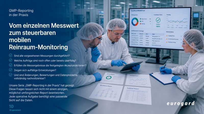Status, offene Messaufträge, Compliance, Trends, Änderungen und Datenprobleme werden in passenden Reports zusammengeführt. So erhalten Messtechnik, Qualitätssicherung und Verantwortliche jeweils die Informationen, die sie für sichere Entscheidungen benötigen. (Bild: Eurogard / KI-generiert)