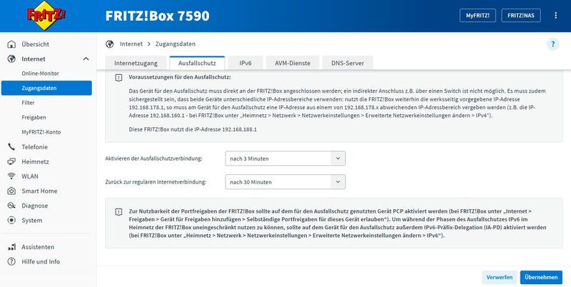 Konfigurieren des Fallbacks und des Auslösens des Ausfallschutzes. (Bild: Joos | Fritzbox)