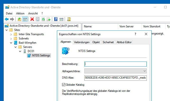 In den NTDS-Einstellungen für Domänen sollten die Einstellungen für den globalen Katalog angepasst werden, aber auch Einstellungen bezüglich der Replikation zwischen DCs. (Microsoft / Joos)