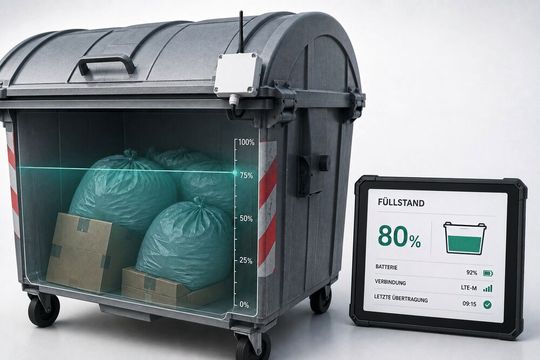Praxisbeispiel Füllstandsmessung: Bei batteriebetriebenen Sensoren an dezentralen Wertstoffcontainern sichern smarte LTE-M-Verbindungen und optimierte Sendeintervalle jahrelange Laufzeiten.(Bild:  Burger Engineering GmbH)