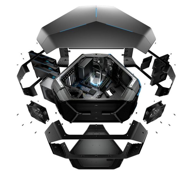 Das Spitzenmodell Area 51, hier als Explosionszeichnung, wird demnächst auch mit den 10-Core-Prozessor Core i7-6950X von Intel verfügbar sein. (Bild: Alienware)