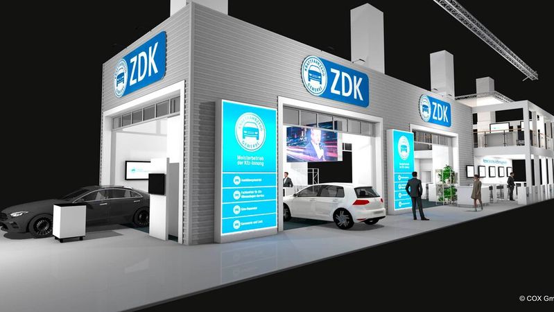 Der neue ZDK-Stand für die Automechanika soll sich nach allen Seiten offen zeigen. Auf zwei Etagen und einem Werkstattbereich gibt es viel Raum für Branchennews, Workshops und Networking.(Bild:  ZDK)