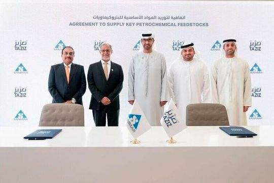 The agreements were signed during Adipec in the presence of His Excellency Dr. Sultan Ahmed Al Jaber, UAE Minister of Industry and Advanced Technology and Adnoc Managing Director and Group CEO, and Ambassador Navdeep Suri, the former Indian Ambassador to the UAE and Egypt, Chairman, TCI Sanmar Chemicals, and board member of The Sanmar Group.(Source:  Adnoc)