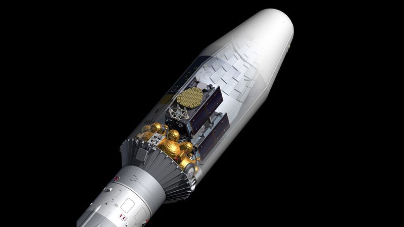 Die beiden operationellen Satelliten des europäischen Satelliten-Navigationssystems Galileo (Galileo-IOV FM3 und FM4) an Bord einer Sojus-Rakete der Variante ST-B mit einer Oberstufe des Typs Fregat-MT. (Quelle: ESA - P. Carril)