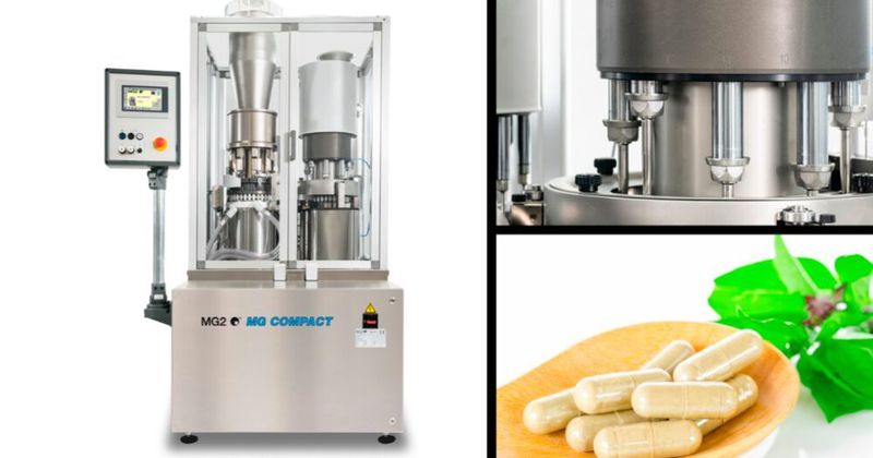 With a maximum speed of 48,000 capsules per hour, the MG Compact capsule filler is equipped with two dosing units and two capsule transport size parts.  (MG2)