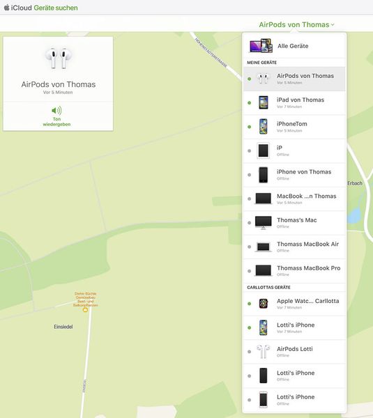 AirPods lassen sich über die Wo-Ist-Funktion auf iCloud orten. Gleichzeitig lässt sich ein Ton auf den Geräten abspielen. (Bild: Joos / Apple)