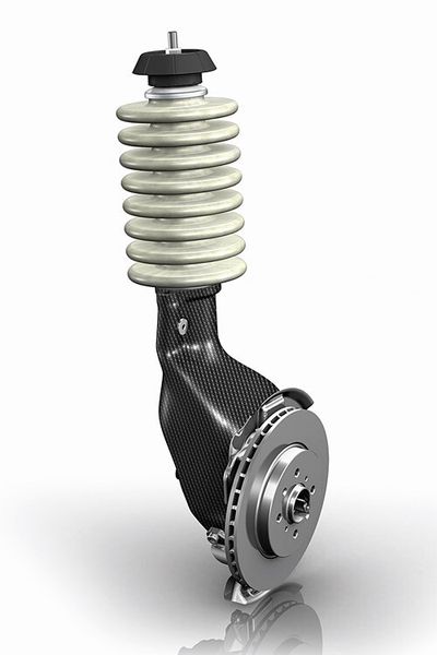 Das Leichtbau-Federbein-Radträgermodul wiegt nur etwa 40 Prozent konventioneller Stahlfederbeine. (Foto: ZF)