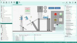In der Software PLC-Lab können Maschinenbauer und SPS-Programmierer einen vereinfachten digitalen Zwilling (Simplified Digital Twin) in 2D erstellen und für den Test von SPS-Programmen verwenden. (MHJ-Software )